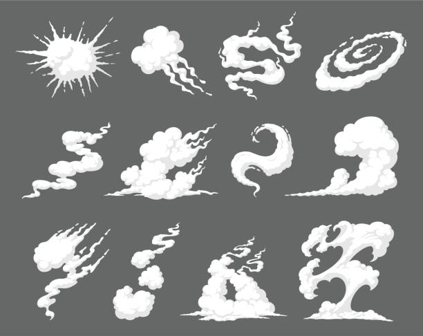 Smoke clouds, waves, fume explosion cartoon effects set. Dusty bubble, puff, cumulus. Smoke clouds, waves, fume explosion cartoon effects set. Dusty bubble, puff, cumulus. Airwave, outbreak, emission, petard, hubbub comic book elements. Vector white collection isolated on gray. smoke illustrations stock illustrations