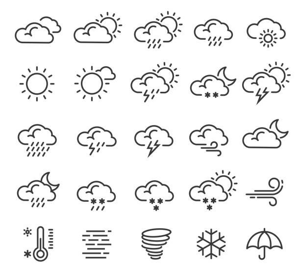 illustrazioni stock, clip art, cartoni animati e icone di tendenza di previsioni meteo, icone del contorno climatico isolate su bianco. nuvoloso, soleggiato, limpido, piovoso. - tempo atmosferico