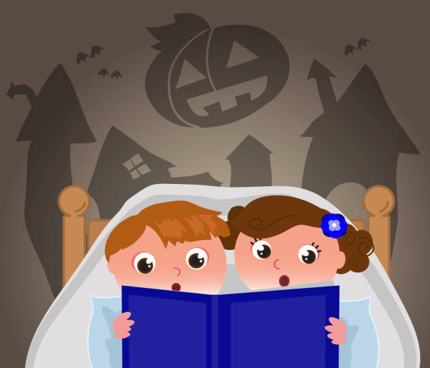 ilustrações de stock, clip art, desenhos animados e ícones de kids in bed reading a halloween story, vector illustration - bed child fear furniture