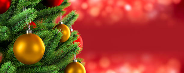 istock Decorated Christmas tree on red blurred background. 3D rendering illustration. 1277794734