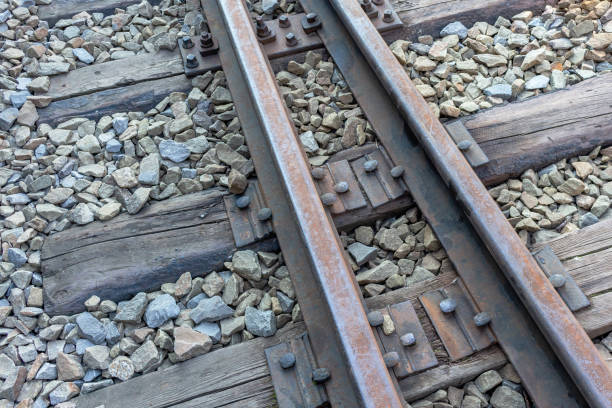 istock Old rusty railroad rails transport line. 1277794974