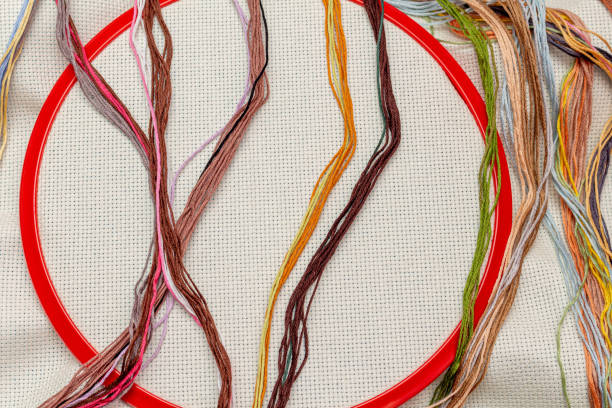 istock Embroidery frames, embroidery stitching kit with color threads and canvas background with copy space 1277796280