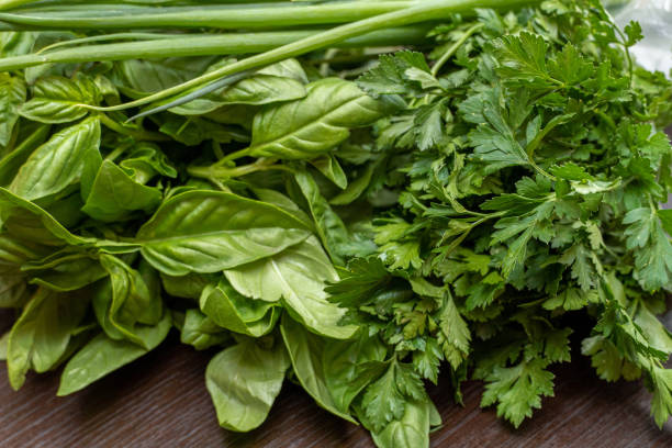 istock Greens, basil, parsley, onion close-up on the table 1277796296