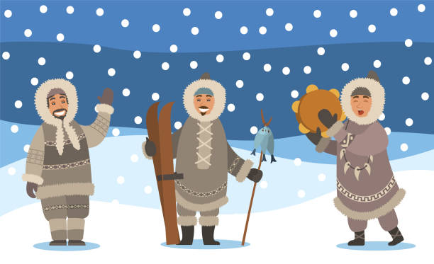 эскимосы на открытом воздухе, эскимосский набор с пейзажем - inuit culture stock illustrations