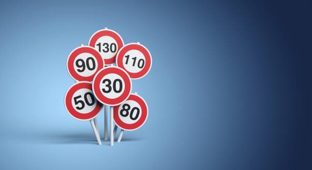 Speed limit indication road signs on blue background,