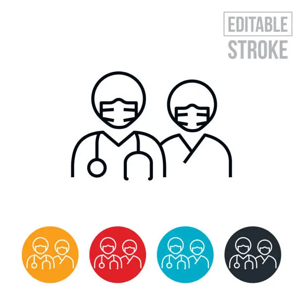 Vector illustration of Doctor and Nurse Wearing Face Masks Thin Line Icon - Editable Stroke