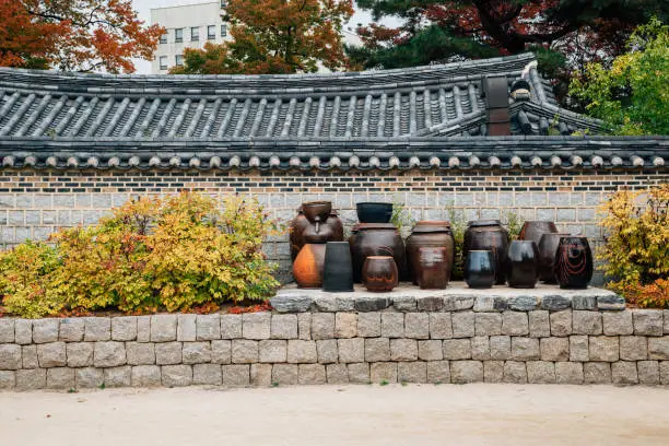 Jangdokdae, Korean traditional crocks or jars at Namsangol Hanok Village in Seoul, Korea