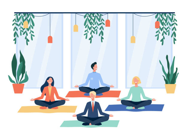 ilustrações de stock, clip art, desenhos animados e ícones de happy office workers doing yoga - yoga meditating business group of people