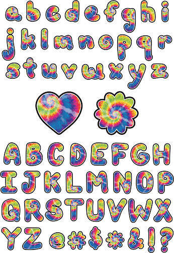 Digitally drawn bubble tie-dye letters and some symbols - lower case and capital letters, @, #, $, *, &, !, ? plus a heart and flower. GROOVY!