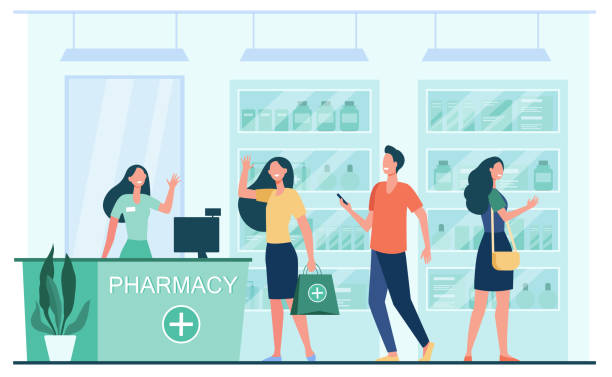 kunden und apotheker im apothekengeschäft - pharmacy pharmacist smiling pill stock-grafiken, -clipart, -cartoons und -symbole