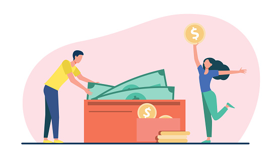 Couple counting cash in wallet. Money, income, salary, profit flat vector illustration. Finance, family budget concept for banner, website design or landing web page