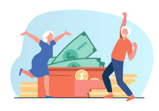 Senior couple getting profit and celebrating Senior couple getting profit and celebrating. Money, income, pension payment flat vector illustration. Family budget, retirement concept for banner, website design or landing web page retirement stock illustrations