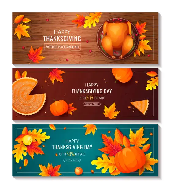 Vector illustration of Set of Happy Thanksgiving Day promo sale flyers or backgrounds. Baked turkey, Pumpkin pie, autumn leaves.