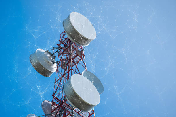 istock Telecommunication tower with mesh dots, glittering particles for wireless telecommunication technology 1277804287
