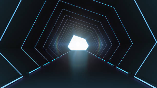istock Futuristic architecture sci-fi hallway and corridor tunnel interior with neon lights background, 3d rendering 1277804733