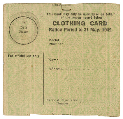 A British clothing ration card from World War Two, ratio period t0 31 May 1942. (Personal details removed.)