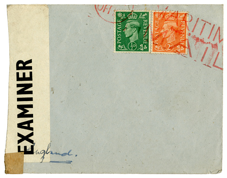 A World War Two ‘Maritime Mail’ envelope bearing King George VI postage stamps which was posted to England and carried by sea. The envelope was opened by an official censor, checked and resealed before it was allowed to pass on to the intended recipient. (Identifying details removed.)