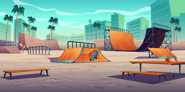 Skate park with ramps in tropical city Skate park with ramps in tropical city. Vector cartoon cityscape with track for skateboard, picnic table, wooden bench and palm trees. Playground for extreme sport activity skateboard stock illustrations