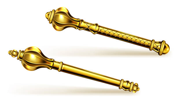 Golden scepter for king or queen, royal wand. Golden scepter for king or queen, royal wand for Monarch. Gold sceptre monarchy medieval emperor symbol, imperial coronation rod or mace isolated on white background. Realistic 3d vector illustration sceptre stock illustrations