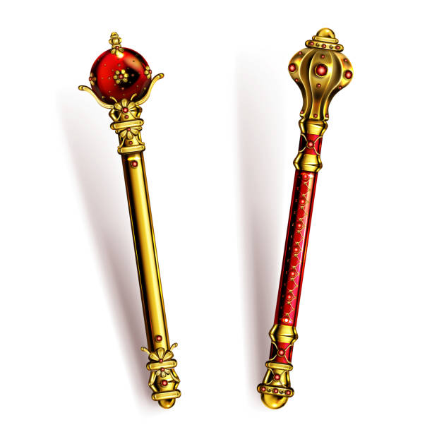 Golden scepter for king or queen, royal wand. Golden scepter for king or queen, royal wand with gems for Monarch. Gold sceptre monarchy emperor symbol, imperial coronation rod or mace isolated on white background. Realistic 3d vector illustration sceptre stock illustrations