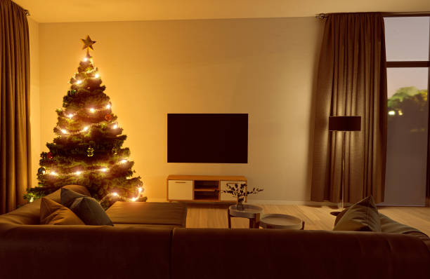 istock Christmas tree in living room with flat screen television 1277810542