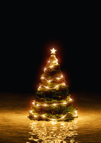 Christmas tree with light decor stands in deep snow outside. It is night, and lights from the tree illuminate the ground. \nNote: Digitally generated image.