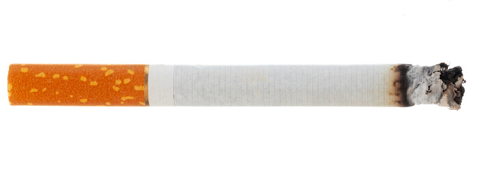 Cigarette butts with ash , isolated on white