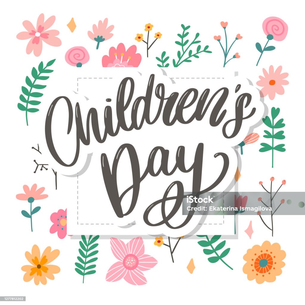 Happy Childrens Day Cute Vector Greeting Card With Funny Letters In  Scandinavian Style And Cartoon Landscape Stock Illustration - Download  Image Now - iStock
