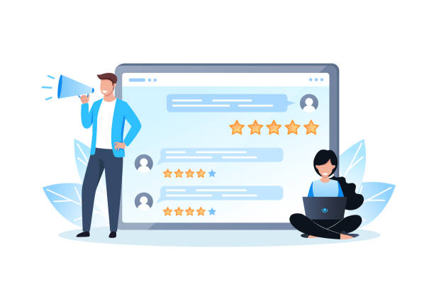 istock Online review, people giving feedback using the mobile app. Reviews of people on the tablet screen. A woman is sitting with a laptop, a man is standing with a megaphone. Vector illustration 1277814777