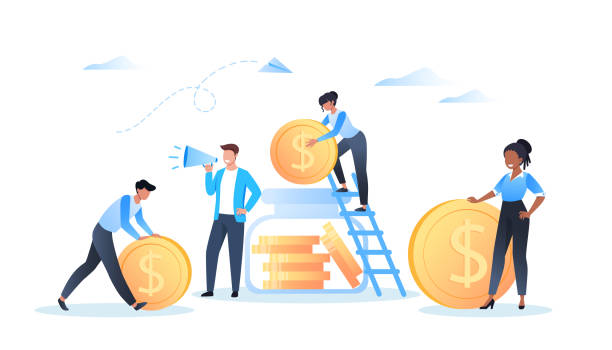 istock Saving and investing money. A man stands with a megaphone. People stack dollar coins in money box, vector illustration for web design, site and mobile app 1277814778