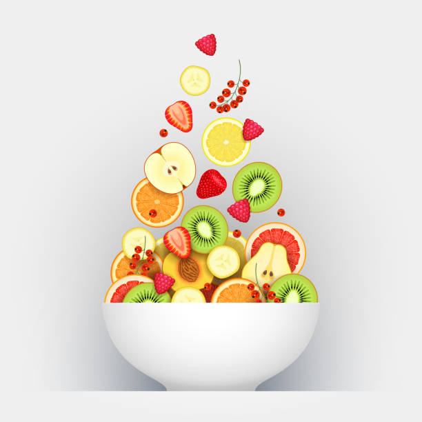 様々な熟した果物や果実が大きな白いボウルに落ちている - fruit vegetable fruit bowl peaches点のイラスト素材／クリップアート素材／マンガ素材／アイコン素材