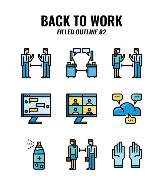 Vector illustration of Filled outline icon set of back to work and social distancing concept. icons set2