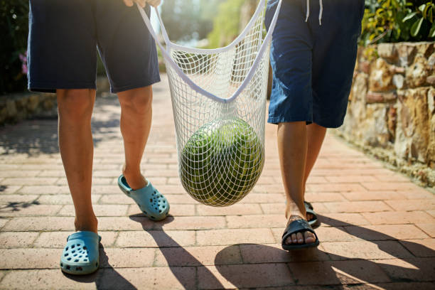 Brothers are carrying huge watermelon in resusable shopping bag.\nNikon D850