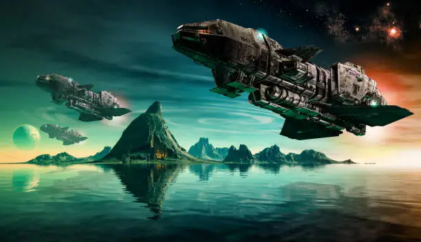 Futuristic sciFi battle space ships hover over an acid ocean of an alien planet, 3d render.