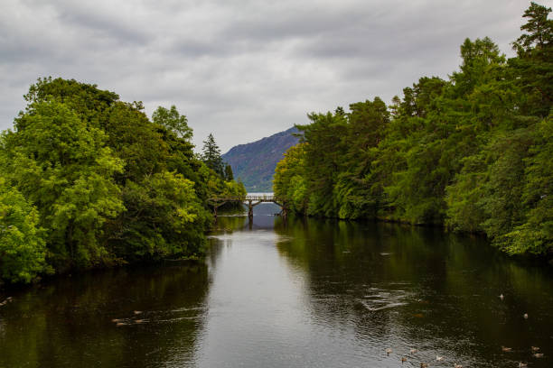 istock Deep river with lush trees and bridge on horizon 1277822487