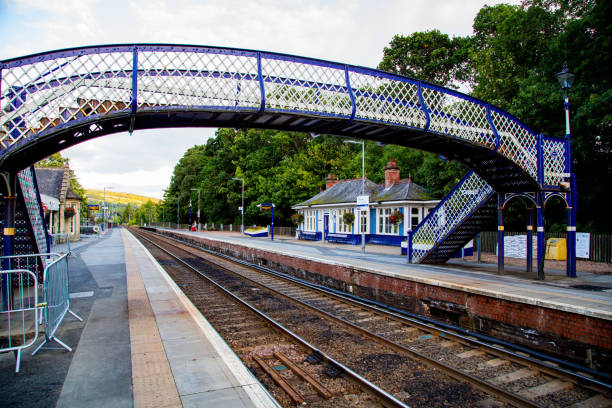 istock White and blue pedestrian bridge with ornaments over train track 1277822490