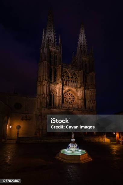 Night View Of A Fountain And In The Background The Gothic Facade Stock Photo - Download Image Now