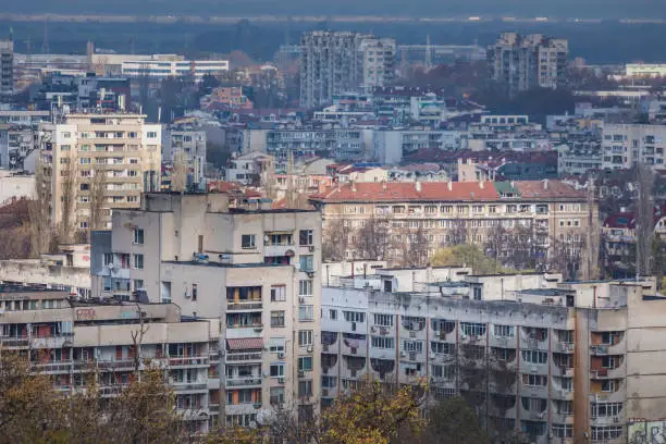 Photo of Soviet era communist buildings pattern from above – Plovdiv, Bulgaria
