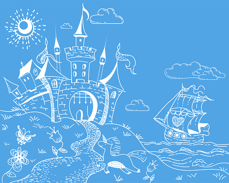 Dễ Thương Và Đáng Yêu Vẽ Doodle Phong Cảnh Với Lâu Đài Tàu Biển Kỳ Lân Và  Hoa Trên Nền Màu Xanh Hình minh họa Sẵn có - Tải xuống Hình ảnh Ngay bây  giờ - iStock