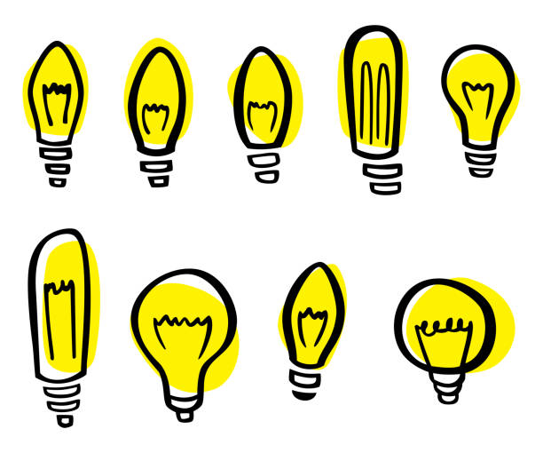 illustrazioni stock, clip art, cartoni animati e icone di tendenza di set doodle lampadina - light bulb inspiration ideas inks on paper