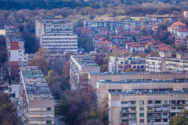 istock Soviet era communist buildings pattern from above – Plovdiv, Bulgaria 1277826567