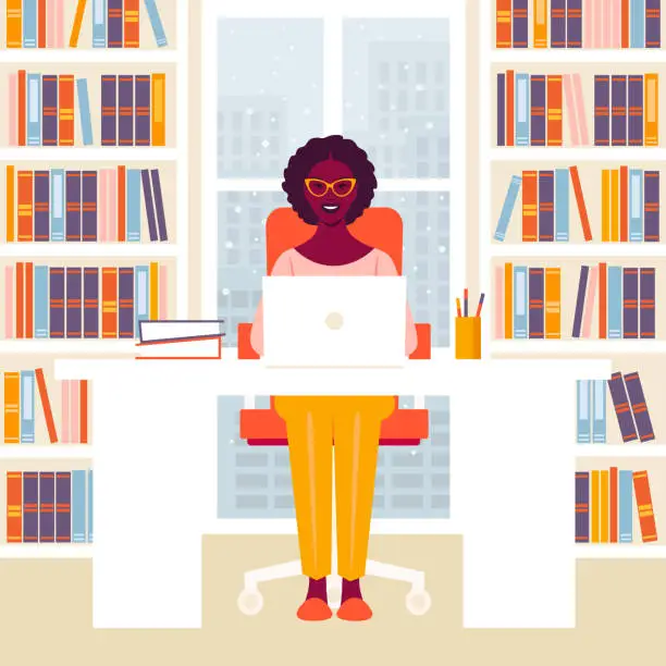 Vector illustration of African woman sitting at a table. Working in the home office with a window.