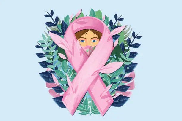 Vector illustration of Pink ribbon for breast cancer awareness illustration on a blue background with flower motives