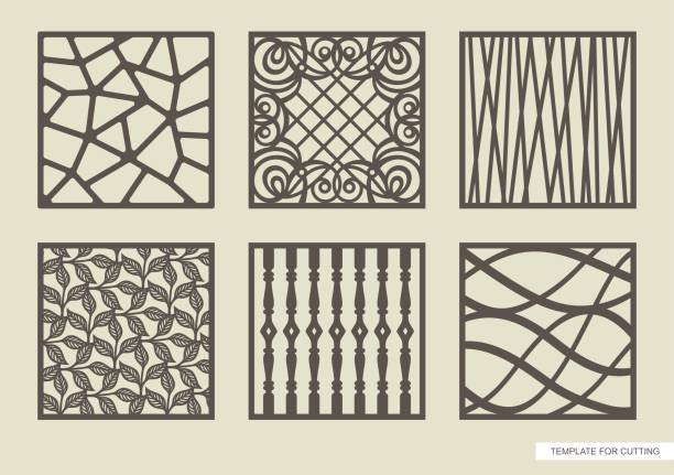 Set of square panels with various patterns. Template for plotter laser cutting (cnc), wood carving, metal engraving, paper cut. Vector illustration. baluster stock illustrations