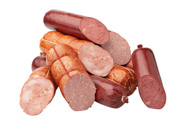 Lot of different sausages isolated on white. assortment of meat products