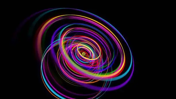 Photo of 3d rendering stylish creative abstract background. colored lines swirling in spiral. Motion design bg of particles shaping lines, helix and abstract structures. 3d render