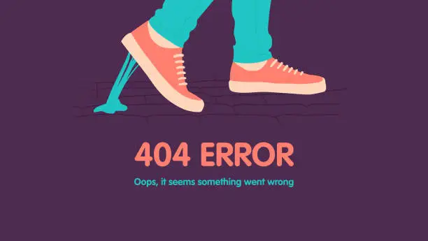 Vector illustration of 404 error page not found. Foot stuck into chewing gum on the street. Went wrong. Vector flat cartoon illustration