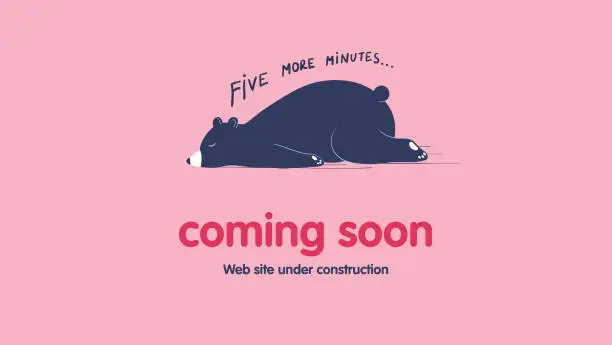 Vector illustration of Page under construction template. Sleeping lazy bear. Coming soon web page design.