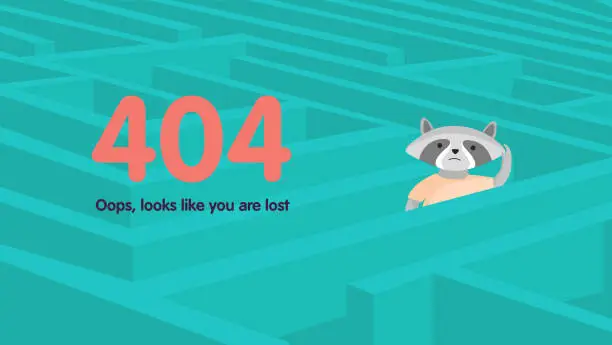 Vector illustration of 404 error page not found concept. Abstract green perspective labyrinth with lost raccoon.