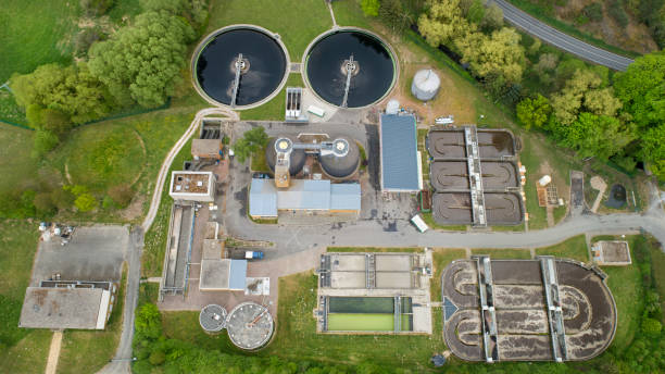istock Sewage treatment plant - waste water purification, aerial view 1277853724